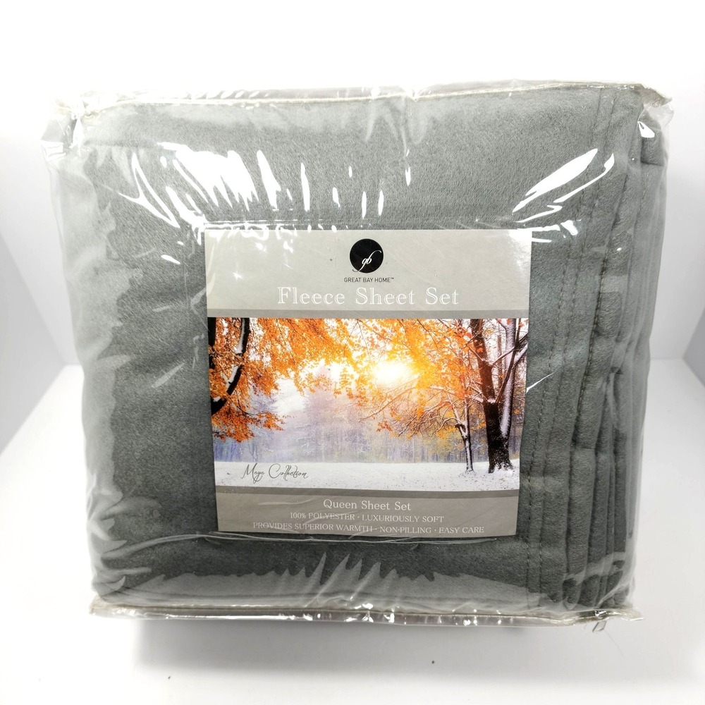 Great Bay Home Gray Fleece Sheet Set Queen 100% Polyester 14" Pocket